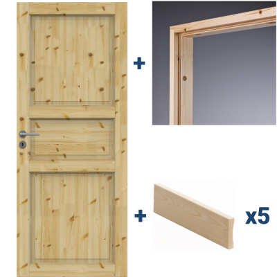  Комплект сосновой двери SWEDOOR Tradition 51, прозрачный лак: полотно + коробка + наличник, M7x21