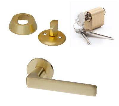Комплект фурнитуры NFD_701HA на входную дверь в матовой латуни (ручка LE5/008 цилиндр, скобянка на цилиндр)