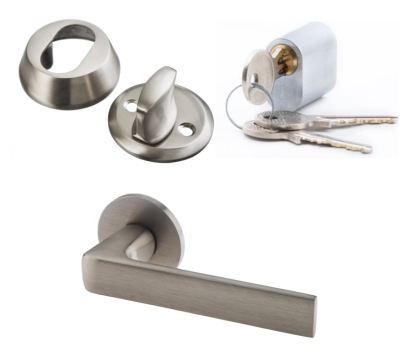 Комплект фурнитуры NFD_701NIS на входную дверь под нержавеющую сталь (ручка LE5/008 цилиндр GEGE (dormakaba), скобянка на цилиндр)