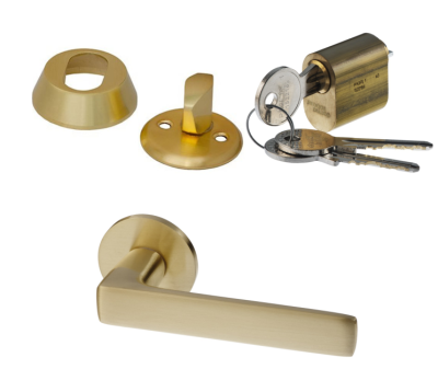 Комплект фурнитуры NFD_701HA_GEG на входную дверь в матовой латуни (ручка LE5/008 цилиндр GEGE (dormakaba), скобянка на цилиндр)