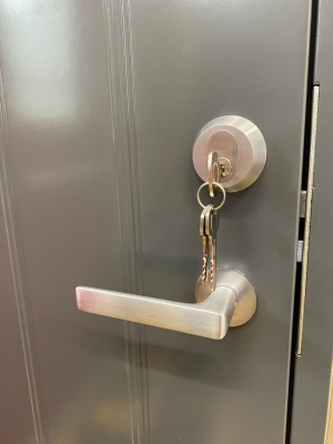 Комплект  фурнитуры NFD_701MCR на входную дверь в матовом хроме (ручка LE5/008, цилиндр, скобянка на цилиндр)